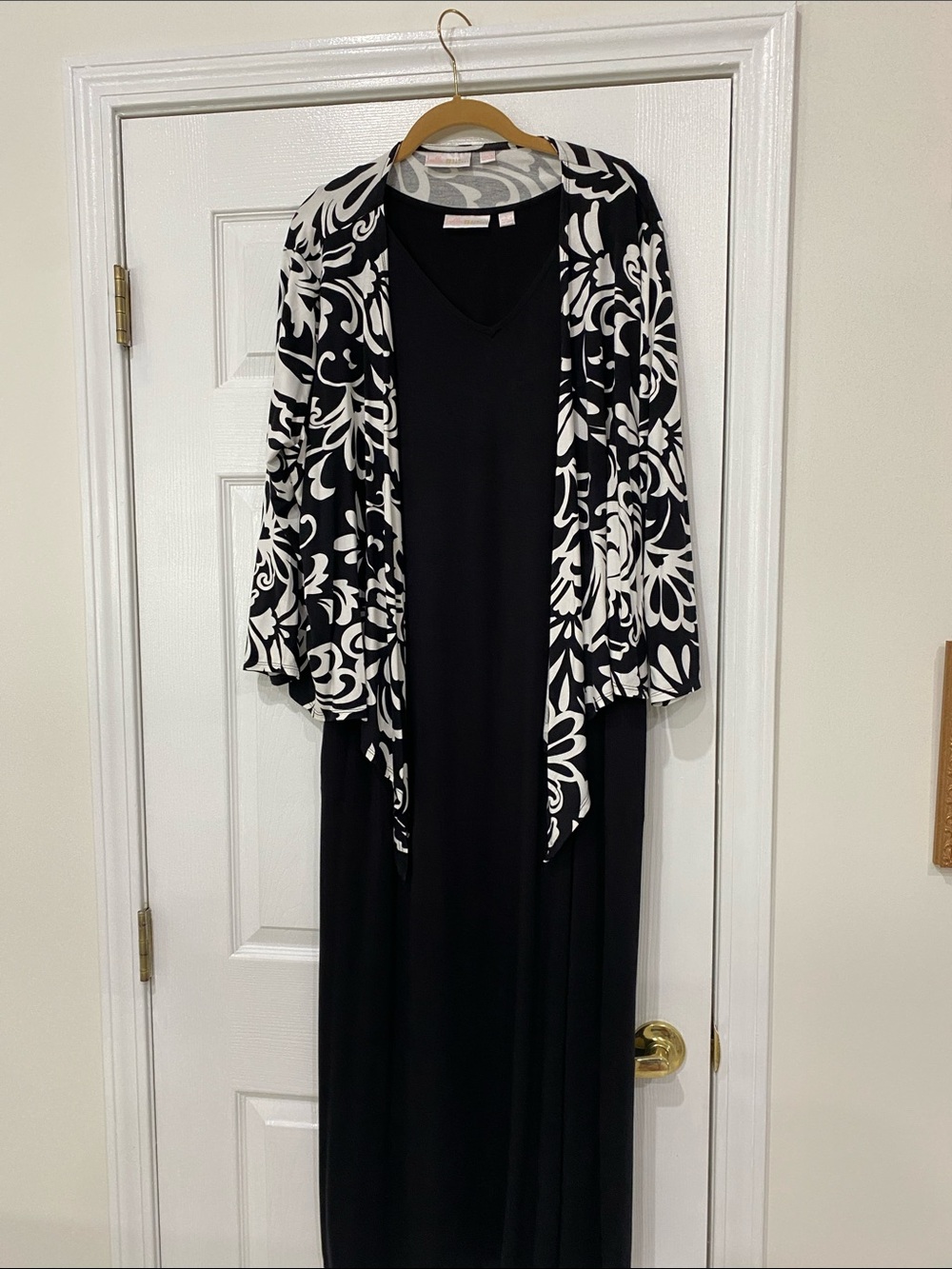 Belle by Kim Gravel , Black V-Neck Maxi Dress with Black & White Floral Overlay
